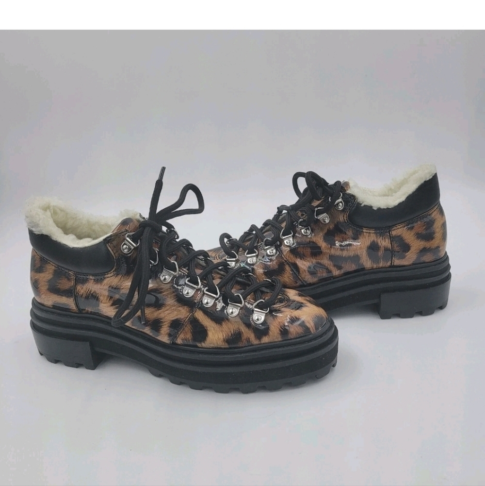 Schutz Lucille Leopard Patent Faux Shearling Ankle Boots 7B Lug Sole Block Heel - Picture 10 of 11